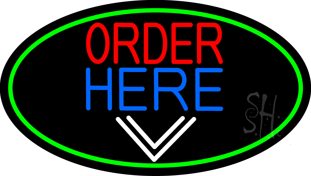 Order Here with Down Arrow Oval with Green Border Clear Backing Neon Sign - Green, Red, Blue & White - 17 in. Tall x 30 in. Wide