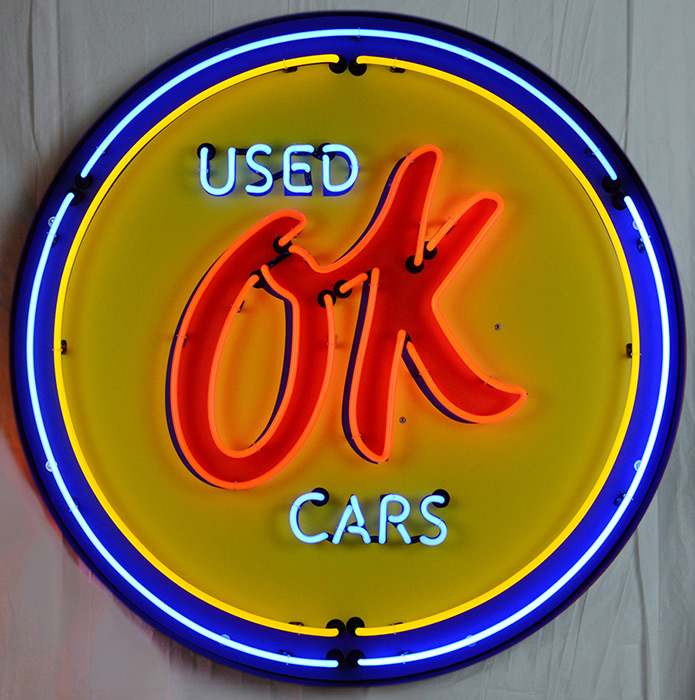 Gm Ok Used Cars 36 Inch Neon Sign in Metal Can 36" Tall x 36" Wide x 6" Deep