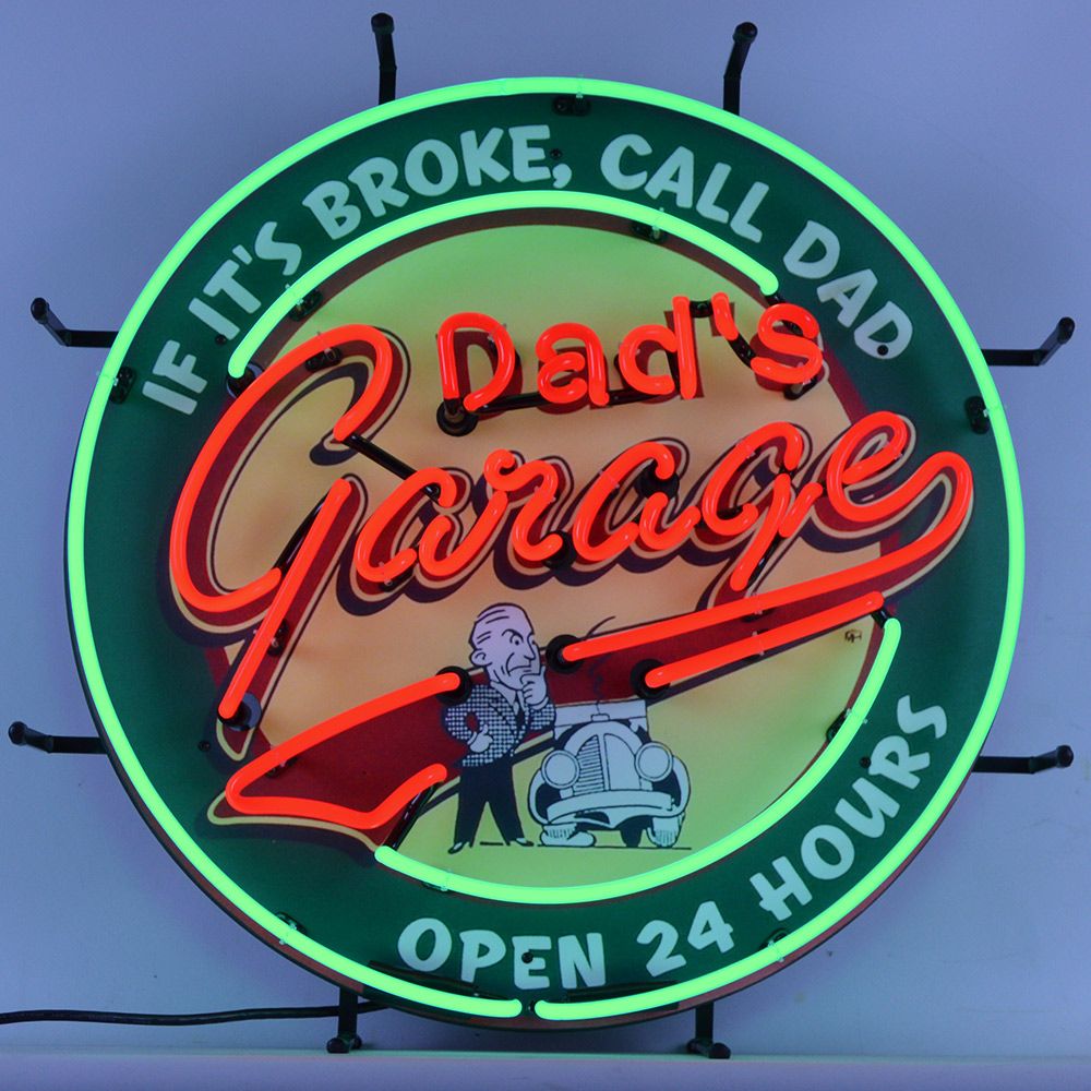 Dad's Garage Neon Sign With Backing 24" Tall x 24" Wide x 6" Deep