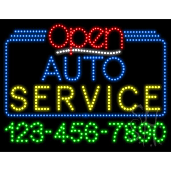 Auto Service Open with Phone Number Animated LED Sign 24" Tall x 31" Wide x 1" Deep
