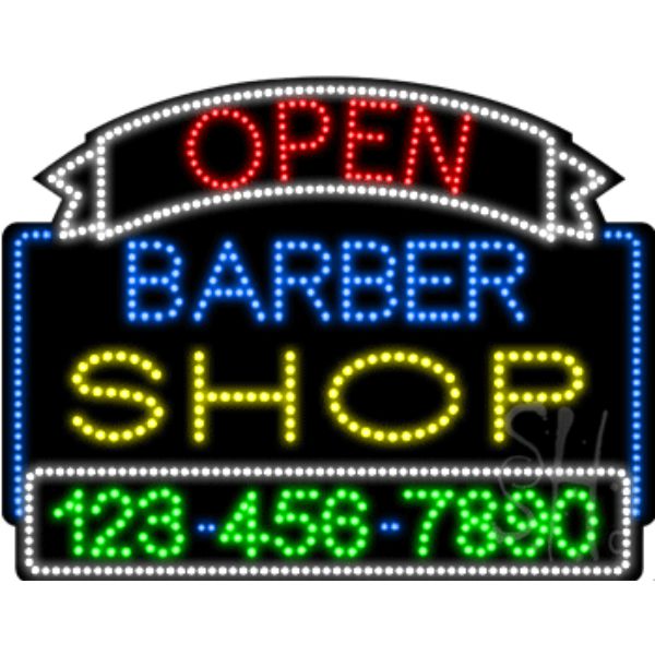 L100-5584 Barber Shop Open with Phone Number Animated LED Sign 24" Tall x 31" Wide x 1" Deep