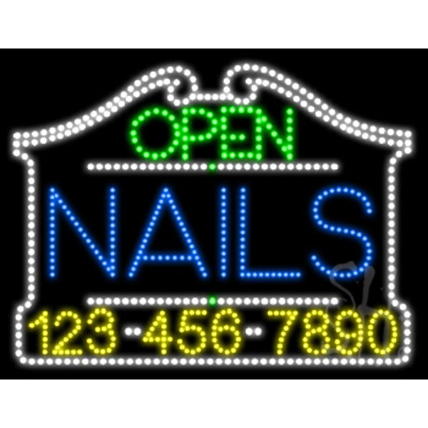 Nails Open with Phone Number Animated LED Sign 24" Tall x 31" Wide x 1" Deep