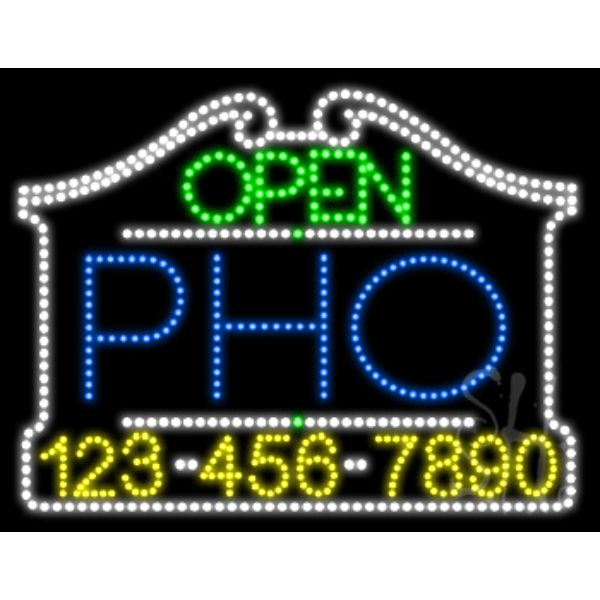 Pho Open with Phone Number Animated LED Sign 24" Tall x 31" Wide x 1" Deep