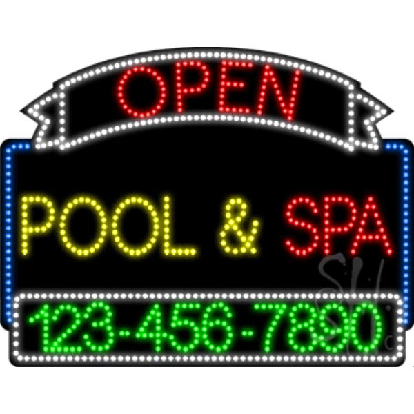 Pool Spa Open with Phone Number Animated LED Sign 24" Tall x 31" Wide x 1" Deep