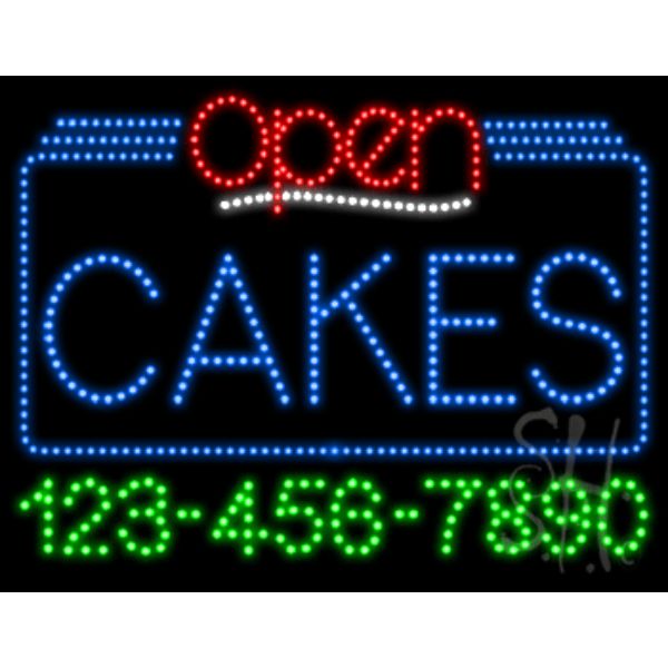 Cakes Open with Phone Number Animated LED Sign 24" Tall x 31" Wide x 1" Deep