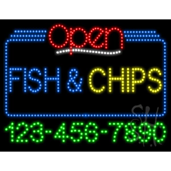 Fish Chips Open with Phone Number Animated LED Sign 24" Tall x 31" Wide x 1" Deep
