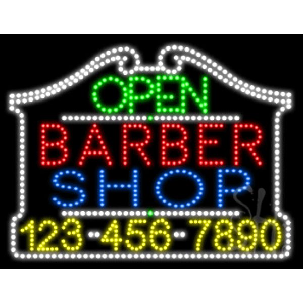 L100-5585 Barber Shop Open with Phone Number Animated LED Sign 24" Tall x 31" Wide x 1" Deep
