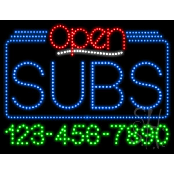 Subs Open with Phone Number Animated LED Sign 24" Tall x 31" Wide x 1" Deep