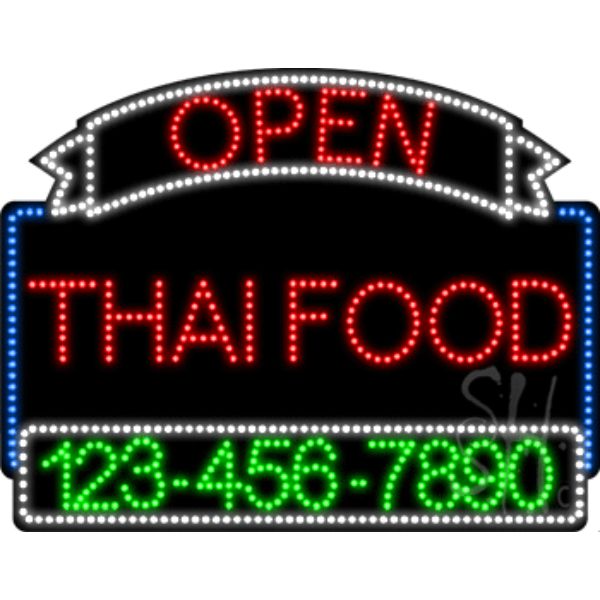 L100-6794 Thai Food Open with Phone Number Animated LED Sign 24" Tall x 31" Wide x 1" Deep -  Everything Neon