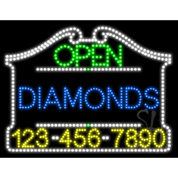 Diamonds Open with Phone Number Animated LED Sign 24" Tall x 31" Wide x 1" Deep