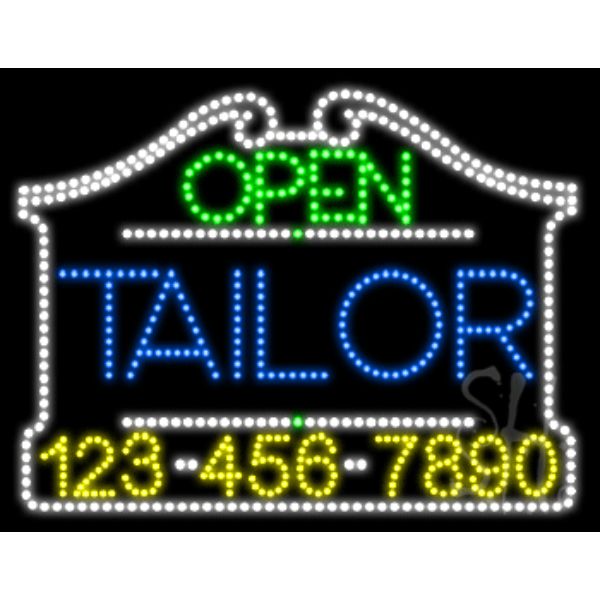 Tailor Open with Phone Number Animated LED Sign 24" Tall x 31" Wide x 1" Deep