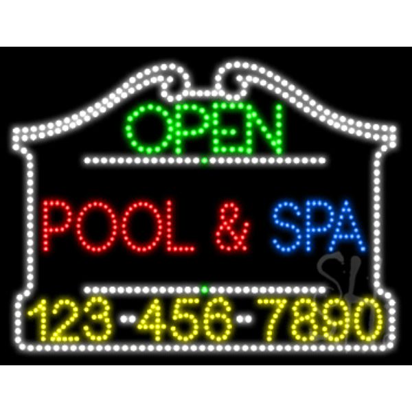 Pool Spa Open with Phone Number Animated LED Sign 24" Tall x 31" Wide x 1" Deep
