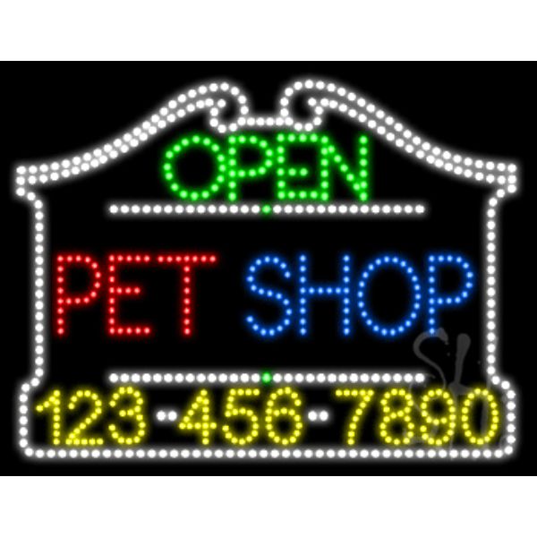 L100-6633 Pet Shop Open with Phone Number Animated LED Sign 24" Tall x 31" Wide x 1" Deep