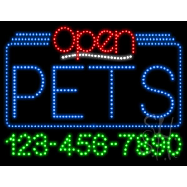 Pets Open with Phone Number Animated LED Sign 24" Tall x 31" Wide x 1" Deep