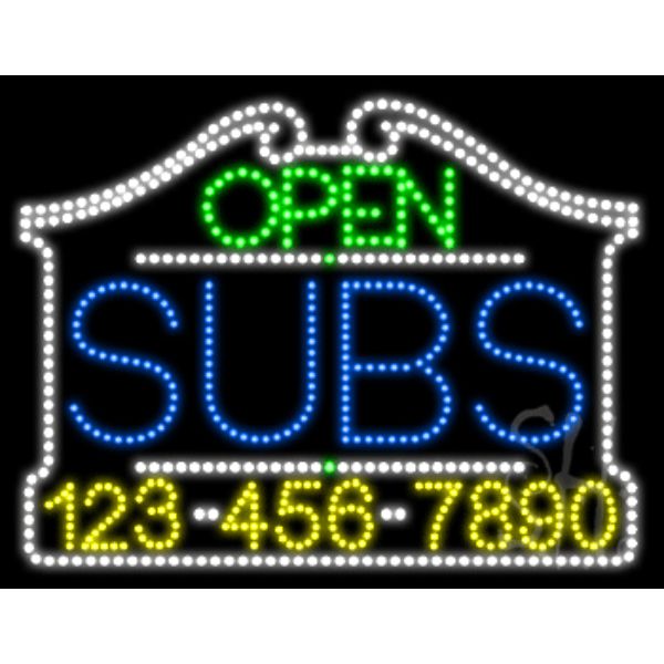 Subs Open with Phone Number Animated LED Sign 24" Tall x 31" Wide x 1" Deep