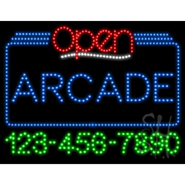 L100-6828 Arcade Open with Phone Number Animated LED Sign 24" Tall x 31" Wide x 1" Deep -  Everything Neon