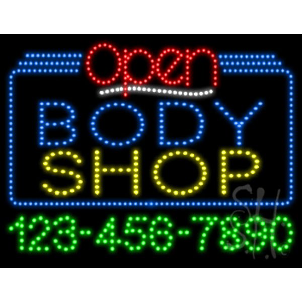 L100-5549 Body Shop Open with Phone Number Animated LED Sign 24" Tall x 31" Wide x 1" Deep