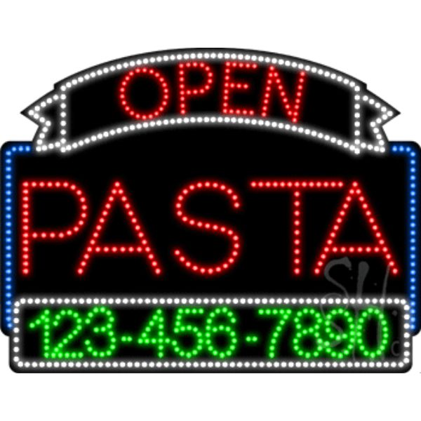Pasta Open with Phone Number Animated LED Sign 24" Tall x 31" Wide x 1" Deep