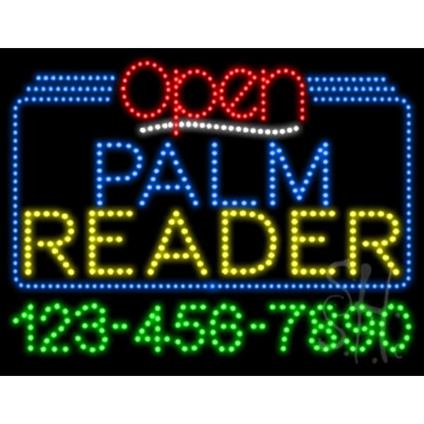 Palm Reader Open with Phone Number Animated LED Sign 24" Tall x 31" Wide x 1" Deep