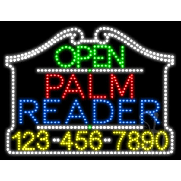 Palm Reader Open with Phone Number Animated LED Sign 24" Tall x 31" Wide x 1" Deep