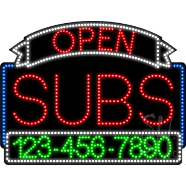 Subs Open with Phone Number Animated LED Sign 24" Tall x 31" Wide x 1" Deep