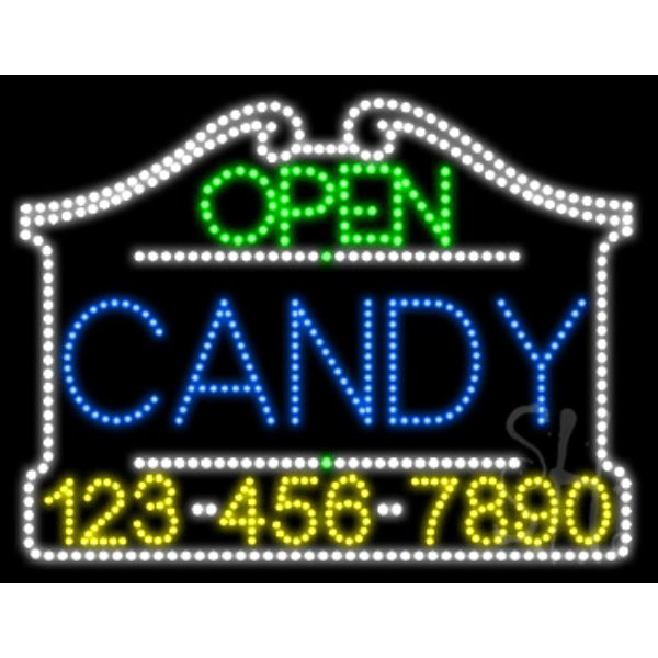 Candy Open with Phone Number Animated LED Sign 24" Tall x 31" Wide x 1" Deep