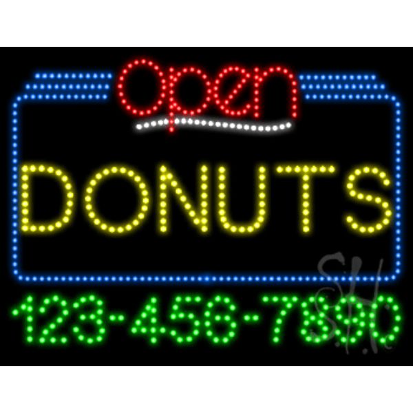 Donuts Open with Phone Number Animated LED Sign 24" Tall x 31" Wide x 1" Deep