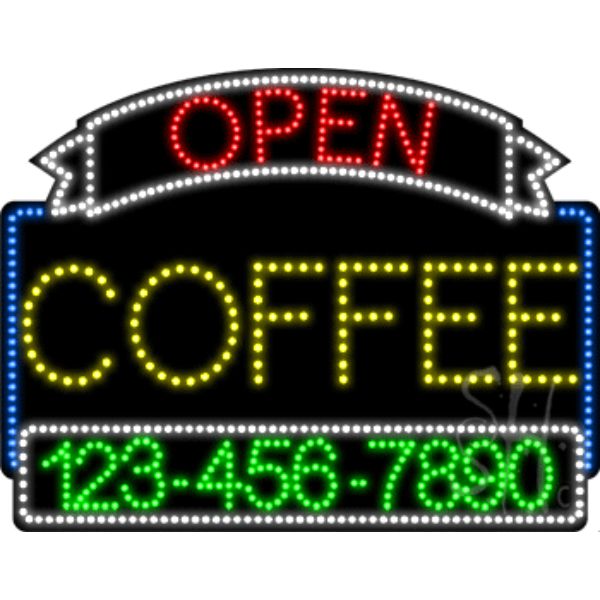 Coffee Open with Phone Number Animated LED Sign 24" Tall x 31" Wide x 1" Deep