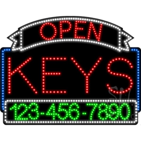 Keys Open with Phone Number Animated LED Sign 24" Tall x 31" Wide x 1" Deep