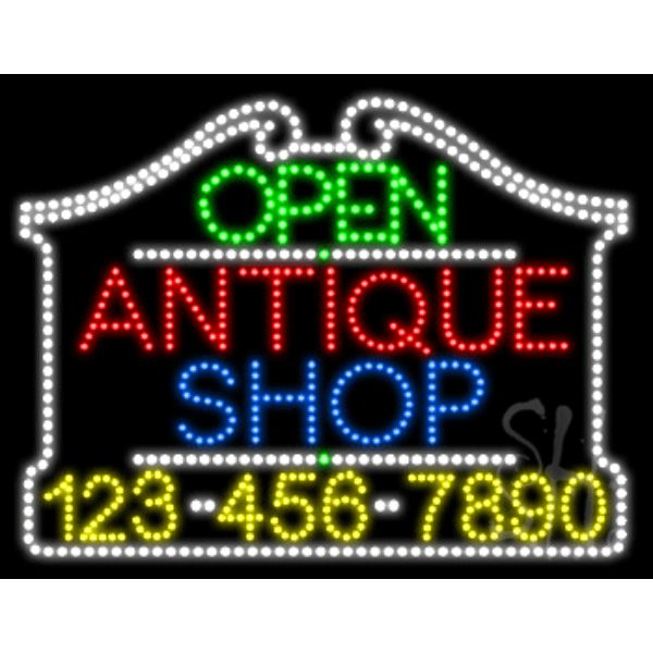 L100-6850 Antique Shop Open with Phone Number Animated LED Sign 24" Tall x 31" Wide x 1" Deep