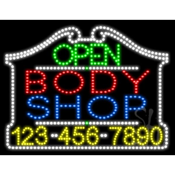 Body Shop Open with Phone Number Animated LED Sign 24" Tall x 31" Wide x 1" Deep