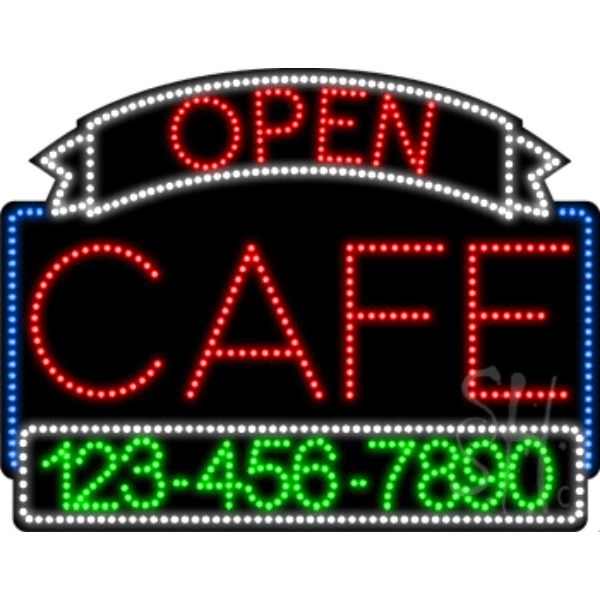 L100-5727 Cafe Open with Phone Number Animated LED Sign 24" Tall x 31" Wide x 1" Deep -  Everything Neon