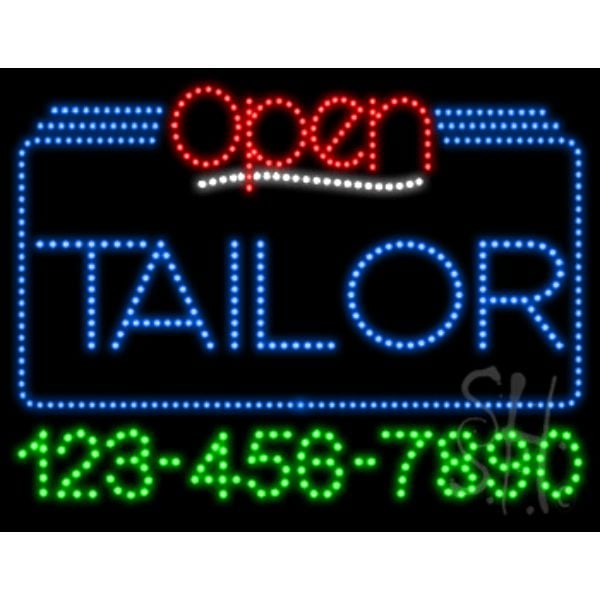 Tailor Open with Phone Number Animated LED Sign 24" Tall x 31" Wide x 1" Deep