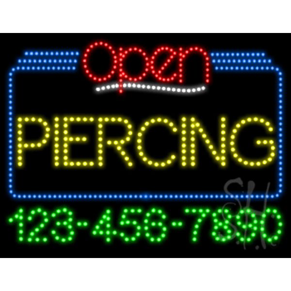 Piercing Open with Phone Number Animated LED Sign 24" Tall x 31" Wide x 1" Deep