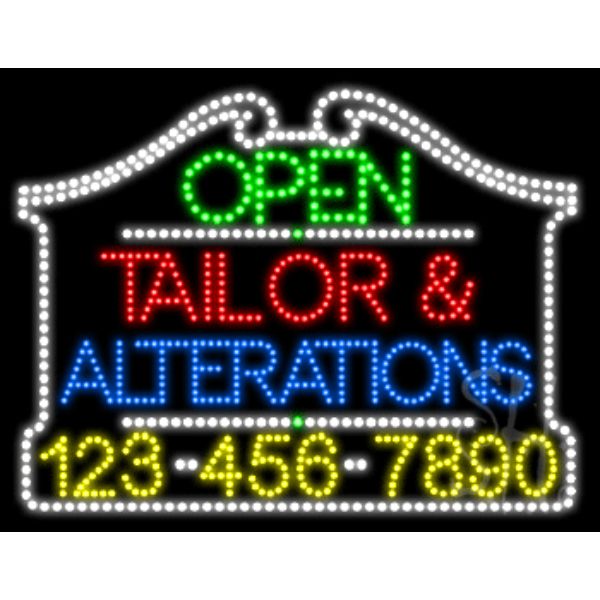 L100-6399 Tailor and Alterations Open with Phone Number Animated LED Sign 24" Tall x 31" Wide x 1" Deep