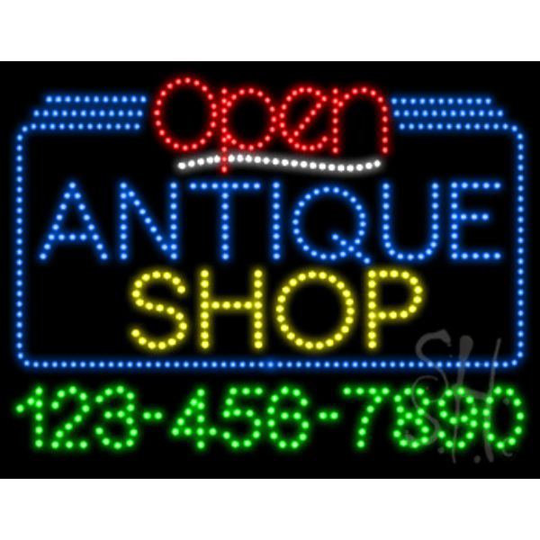 L100-6846 Antique Shop Open with Phone Number Animated LED Sign 24" Tall x 31" Wide x 1" Deep