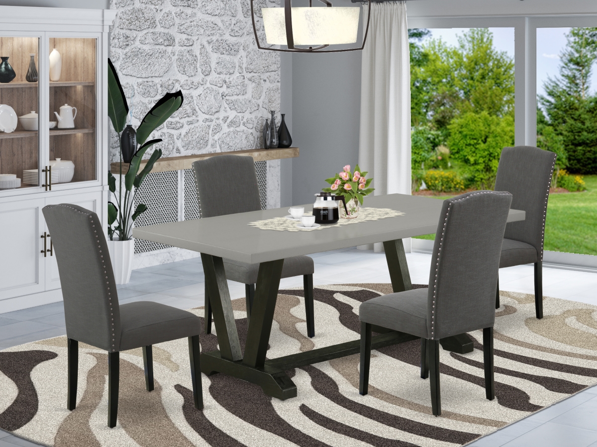 5 Piece V-Style Dinette Set - Dark Shitake, Cement & Wire Brushed Black