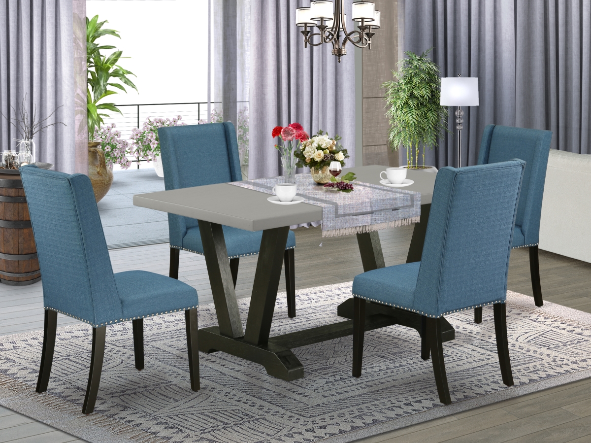 5 Piece V-Style Modern Dinette Set - Mineral Blue, Cement & Wire Brushed Black