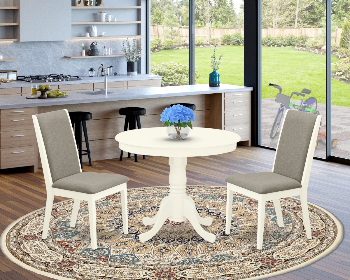 3 Piece Antique Round Dining Room Table Set - Shitake & Linen White