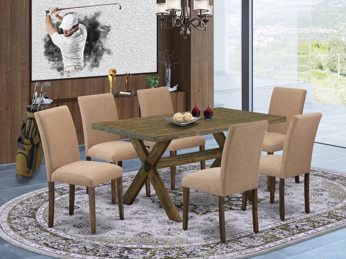 7 Piece X-Style Dining Table Set - Distressed Jacobean
