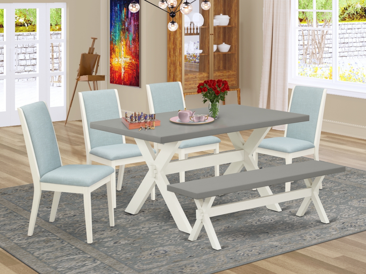 6 Piece X-Style Wood Dining Table Set - Wirebrushed Linen White, Cement & Baby Blue
