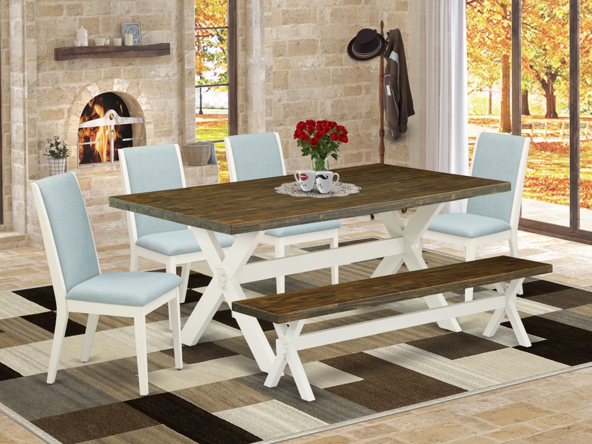 X077LA015-6 6 Piece X-Style Dinette Set - Wirebrushed Linen White, Distressed Jacobean & Baby Blue
