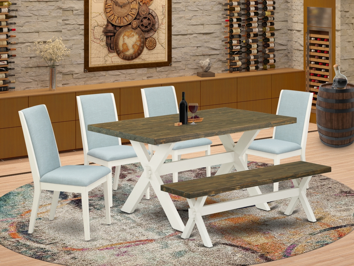 6 Piece X-Style Dining Table Set - Wirebrushed Linen White, Distressed Jacobean & Baby Blue