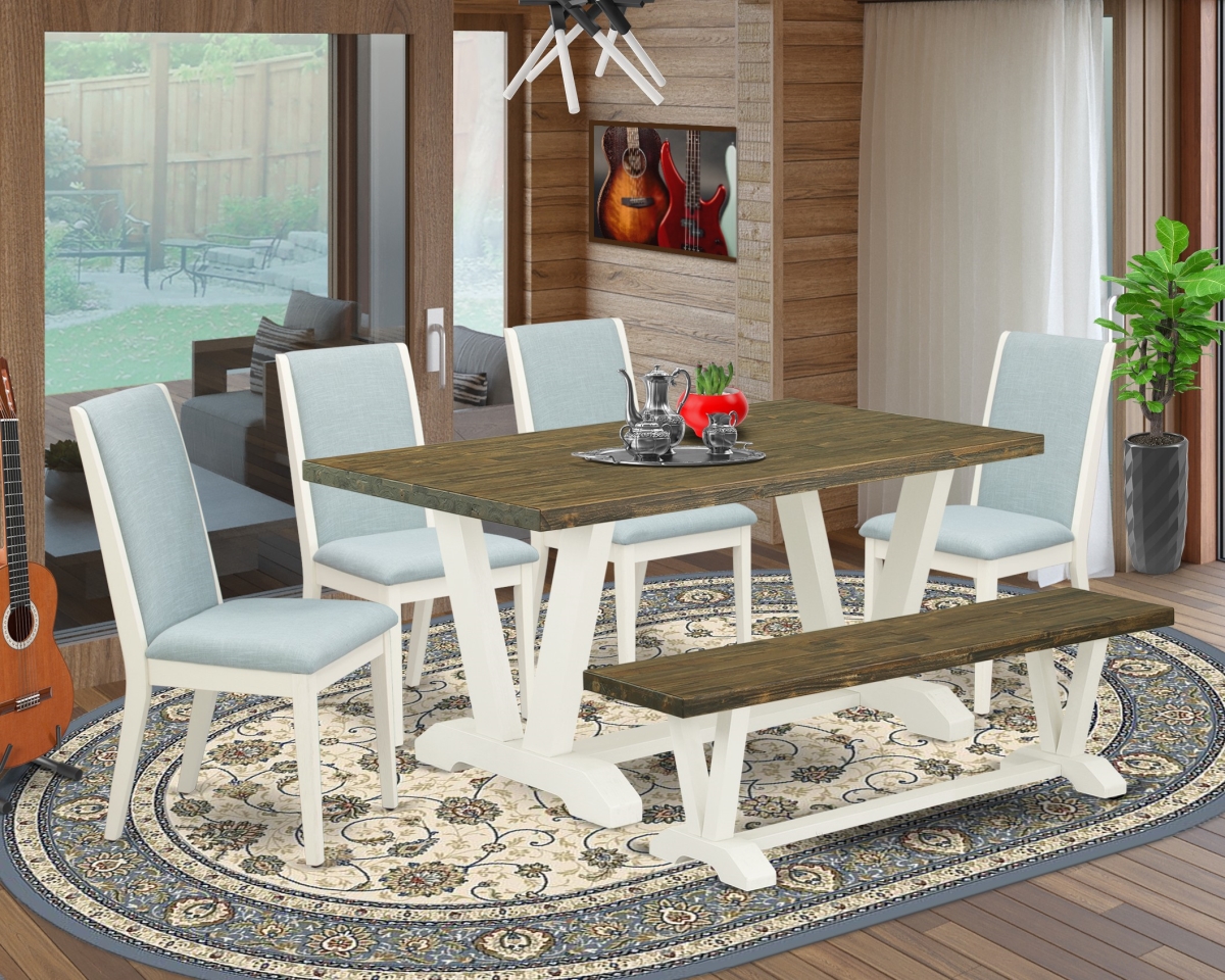 6 Piece V-Style Dinette Set - Wirebrushed Linen White, Distressed Jacobean & Baby Blue