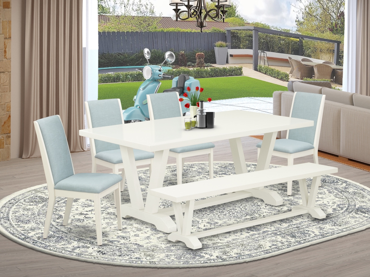 6 Piece V-Style Dining Set - Wirebrushed Linen White & Baby Blue