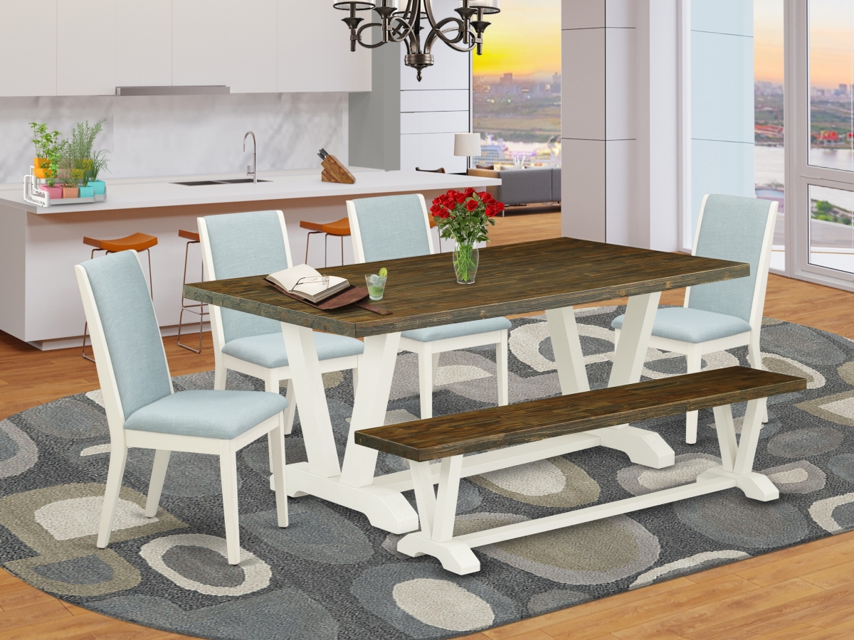 6 Piece V-Style Dining Table Set - Wirebrushed Linen White, Distressed Jacobean & Baby Blue
