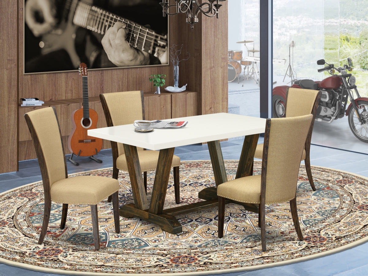 5 Piece V-Style Dinette Set - Distressed Jacobean, Linen White & Brown