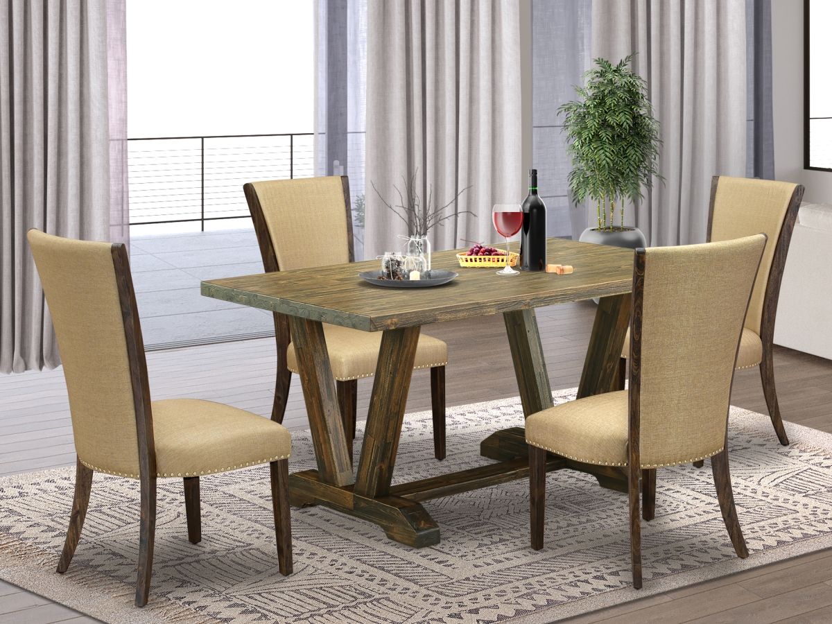 5 Piece V-Style Dining Table Set - Distressed Jacobean & Brown