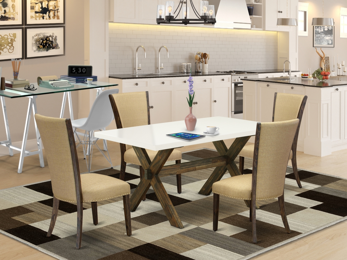 5 Piece X-Style Dining Table Set - Distressed Jacobean, Linen White & Brown