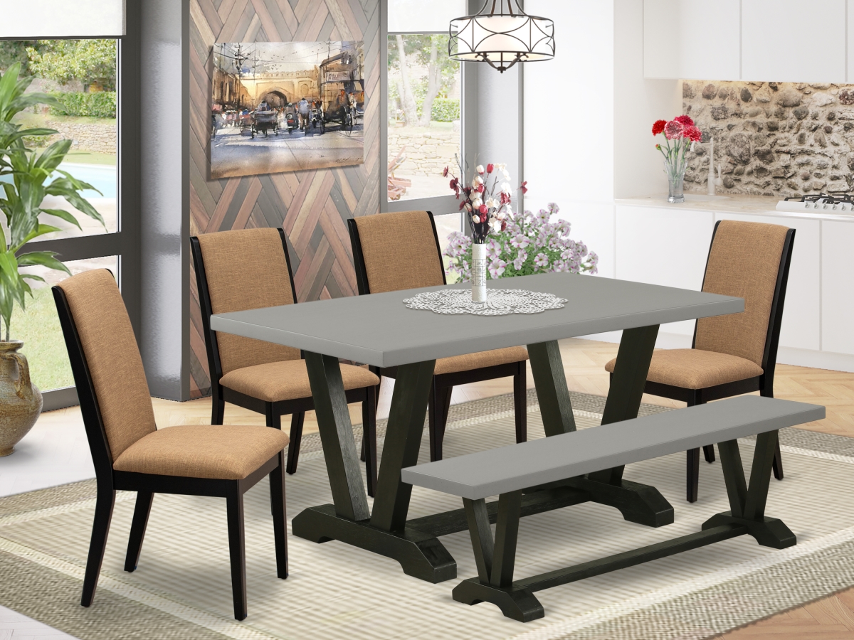 V696LA147-6 6 Piece V-Style Beautiful Rectangular Dining Room Table Set - Wire Brushed Black -  East West Furniture